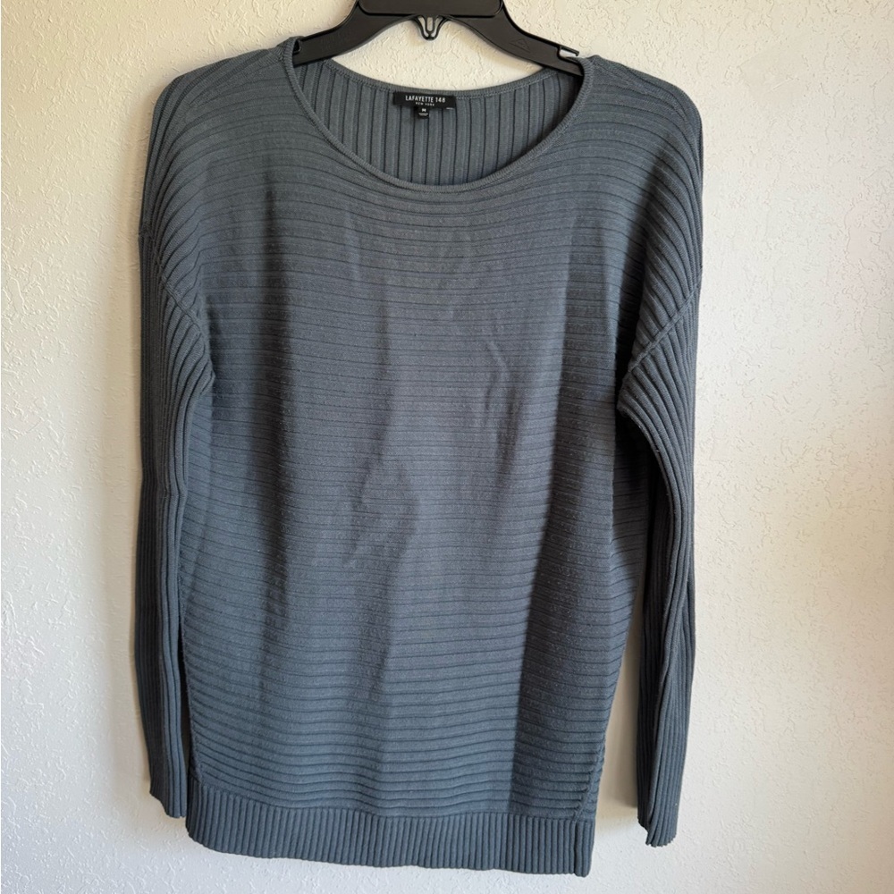 Lafayette 148 Slate Blue Ribbed Knit Sweater Womens M Academia Careerwear